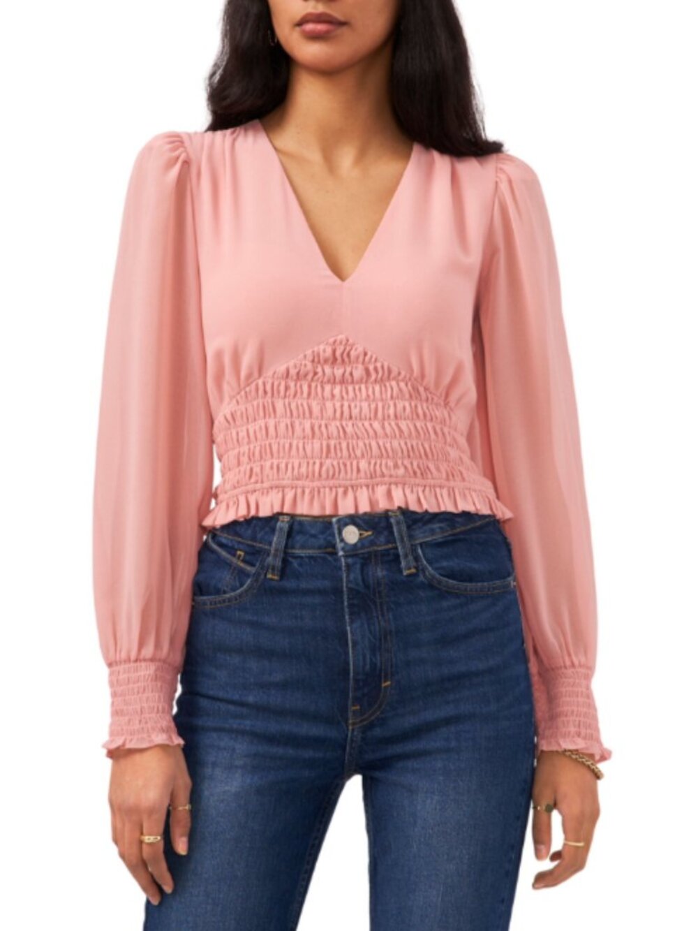 1.STATE Women's Smocked Waist Top Blouse Shade Pink Blush Size M